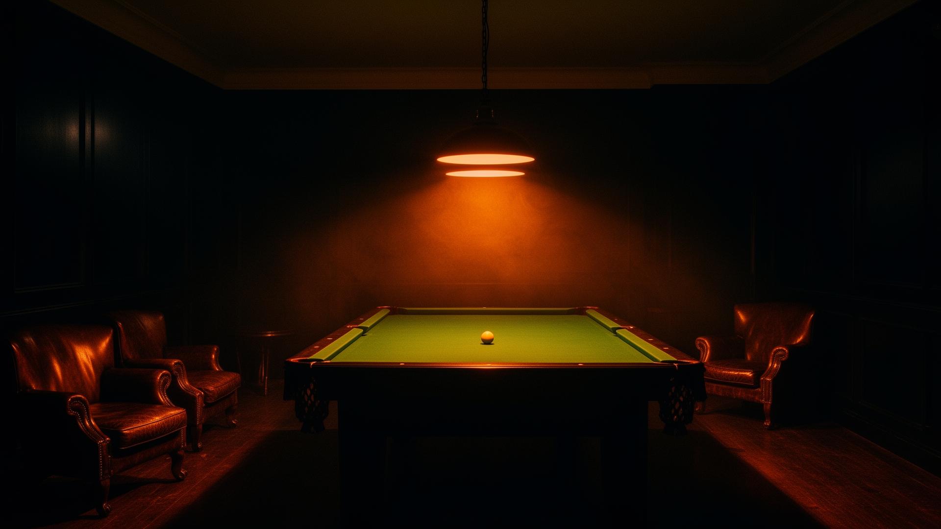 Dimly lit private pool room with green felt table